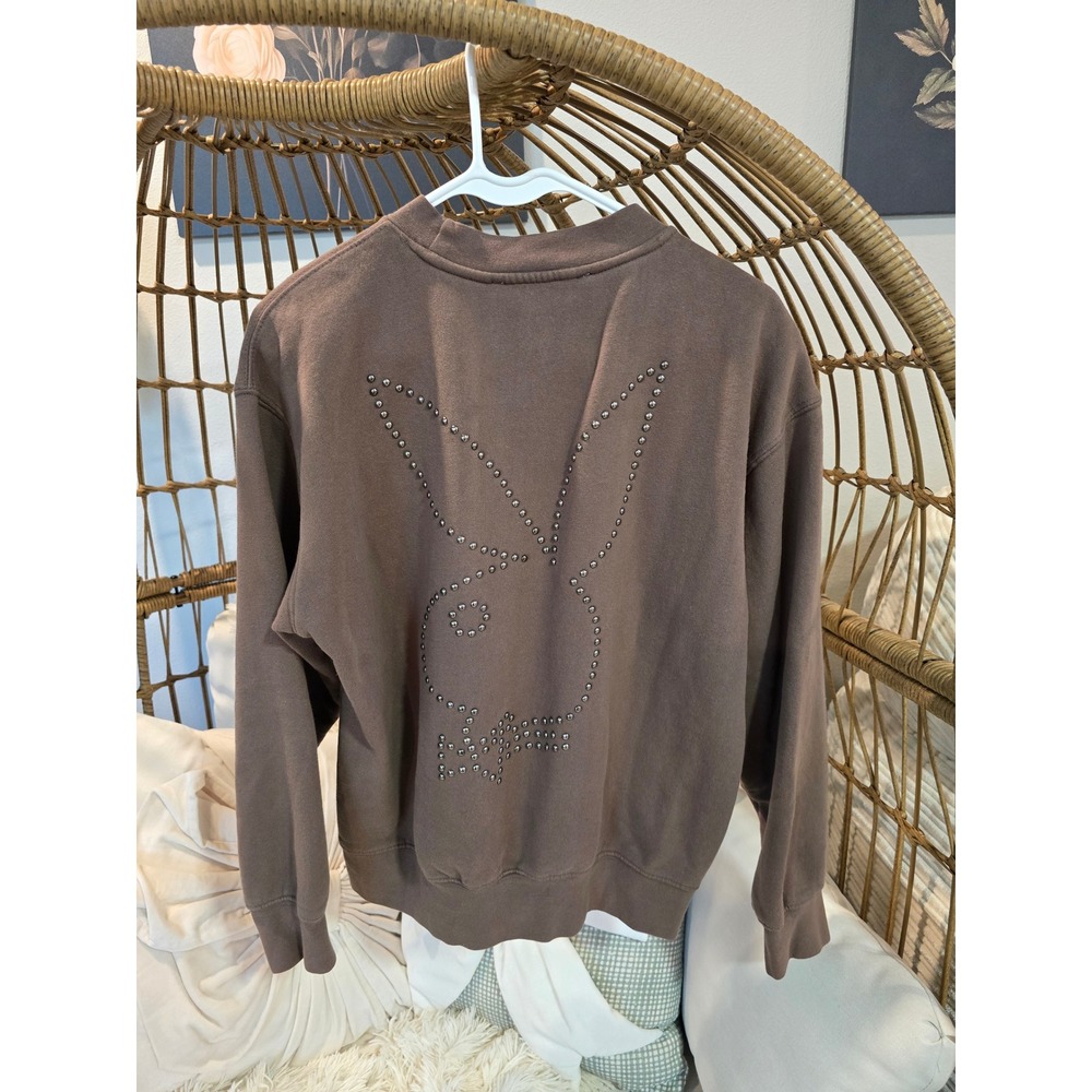 Playboy Brown Studded Bunny Logo Crewneck Sweatshirt Womens Pullover